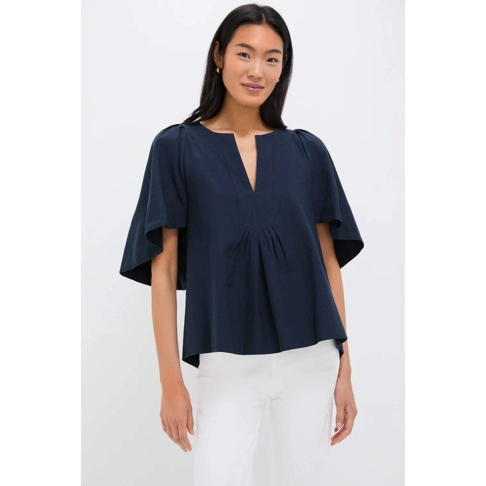 Pomander Place Tuckernuck Top Blue Cotton Flutter SLV Split V-Neck Pleated Small